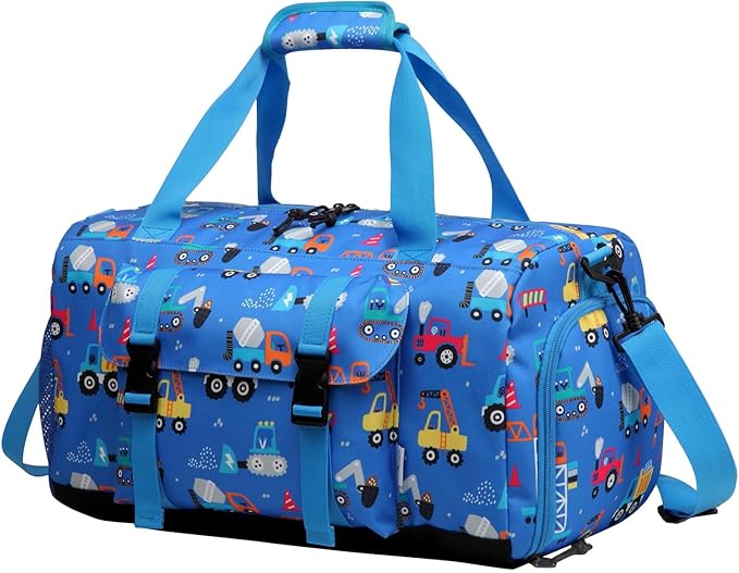 Kids Overnight Duffle Bags,Kasqo Boys Travel Bag Water Resistant Sports Gym Duffel Bag for Teens Girls Sleepover Bag Weekender Carry On Tote with Shoes Compartment Dry Wet Pocket,Blue Cars