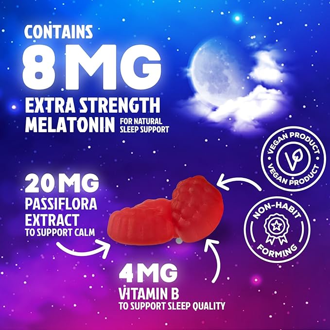 Sleep Gummy 8mg Melatonin - Extra Strength Sleep Support with 20mg Passiflora, Natural Sleeping Gummies for Adults, Vegan & Non-GMO, Melatonin Supplement for Restful Sleep Women & Men - 60 Gummies