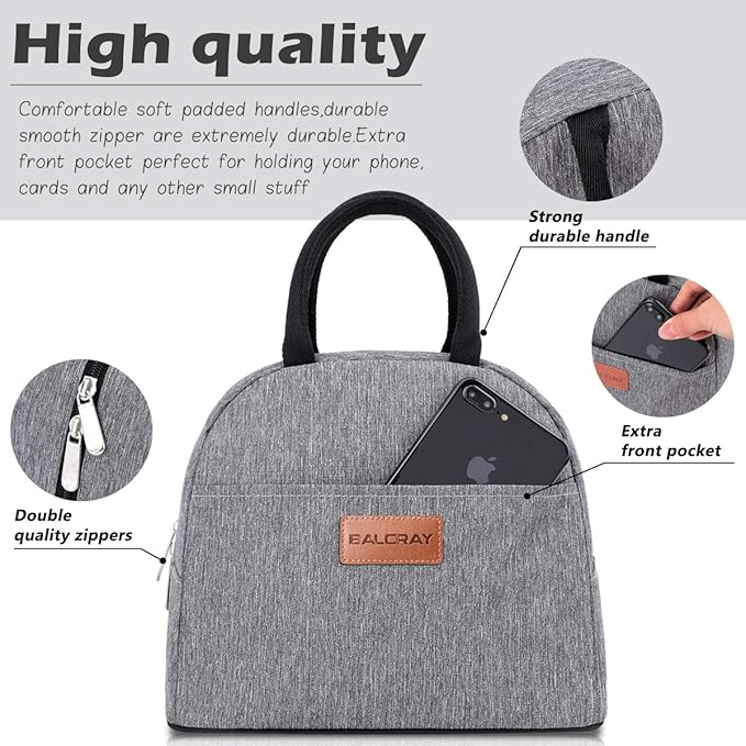 BALORAY Lunch Bag for Women Men Insulated Lunch Box for Adult Reusable Lunch Tote Bag for Work, Picnic or Travel (Grey)