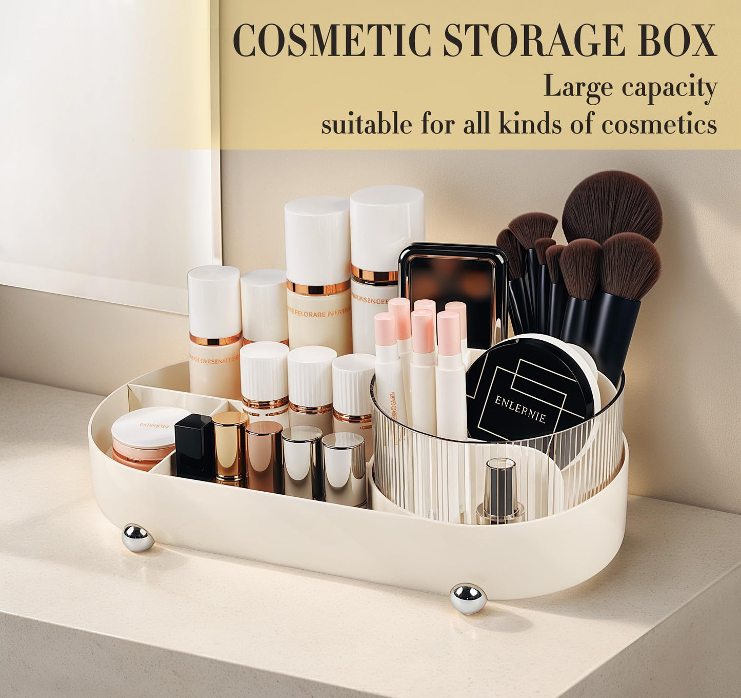 adorbox Make up Organiser, 360° Rotating Makeup Organiser, Rotating Compartment 2 In 1 Makeup Perfume Organiser for Makeup Table, Dresser, Bathroom, Bedroom, Desk (Off white)