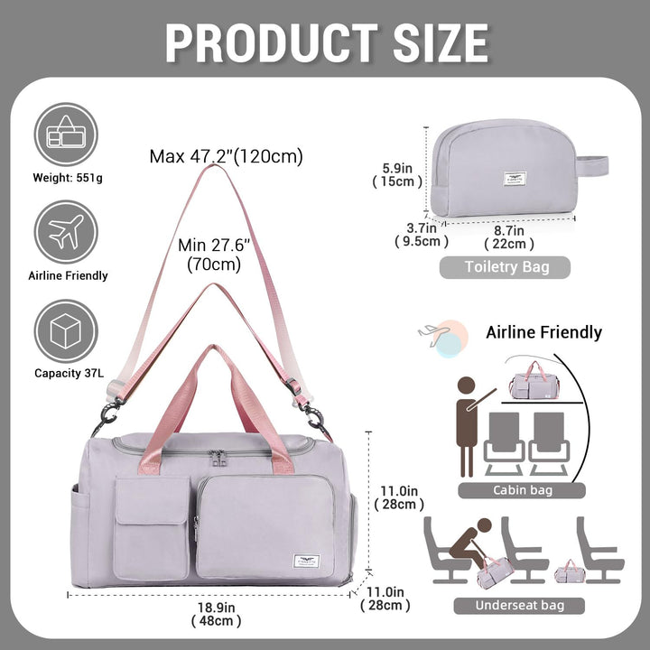 FIORETTO Women's Water-Resistant Gym Duffle Bag with Shoes Compartment, 37L Capacity, Multi-Functional, Ideal for Travel, Gym, Sports, Weekender, with Toiletry Bag, Grey & Pink