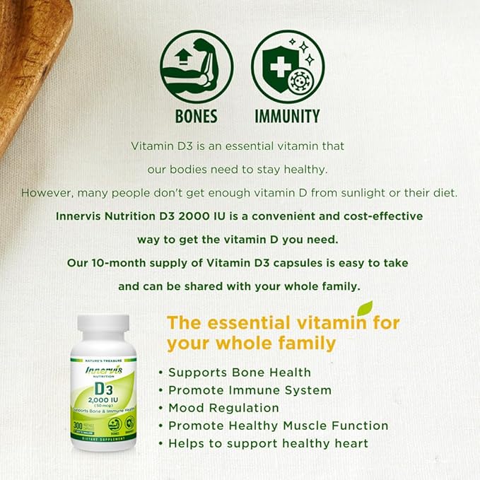 Vitamin D3 2000 IU (50 mcg) 300 Vegetable Capsules Support Healthy Bones Teeth Immune System Supplement