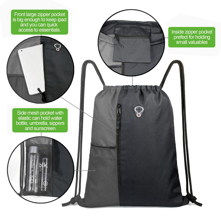 BeeGreem Grey Sport Bag Drawstring Backpack String Bag For Men Women Gym Backpack With Water Bottle Mesh Pockets And Two Zipper Pockets 16" x 20"