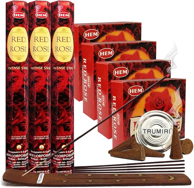 Red Rose Incense sticks and cone incense holder variety pack #1 bundle insence insense insienso