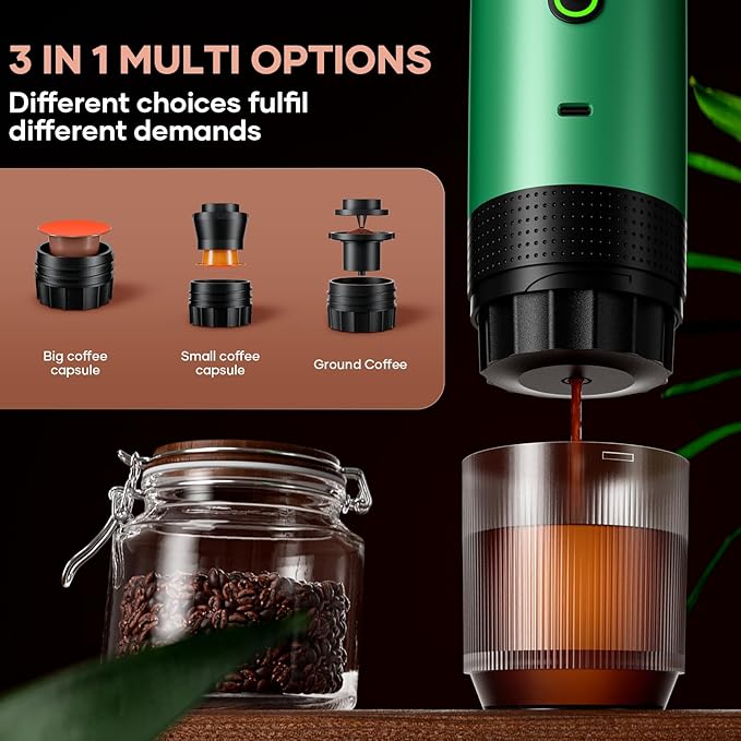 kejector Portable Coffee Maker Espresso Machine for Travel Nano Car Coffee Maker Compatible with Ground Coffee & Capsule for RV, Hiking Camping Office, Travel Espresso Maker Electric Green