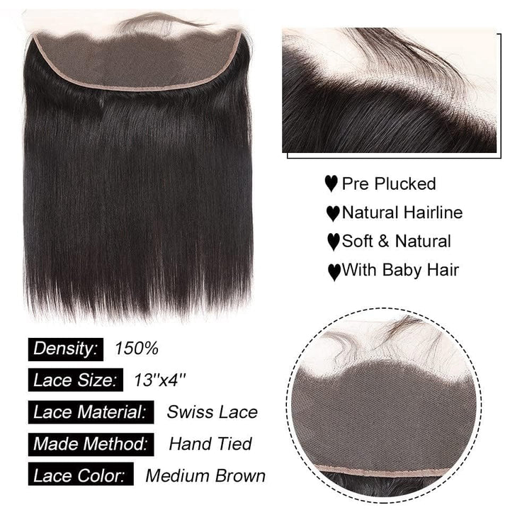 13x4 Frontal Striaght HD Transparent Lace Frontals 12A Brazilian Virgin Human Hair Lace Frontal Closure Natural Black (13 × 4 Lace Frontal, 12 Inch)
