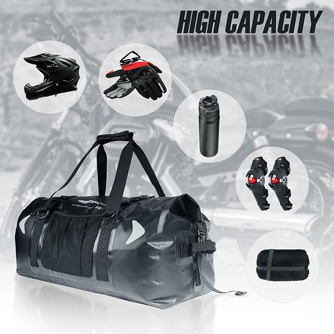 65L Waterproof Duffel Bag for Men and Women - Large Motorcycle Duffle Bag with Straps for Back Seat - Roll Top Dry Bag for Kayaking, Rafting, Boating, Swimming, Beach