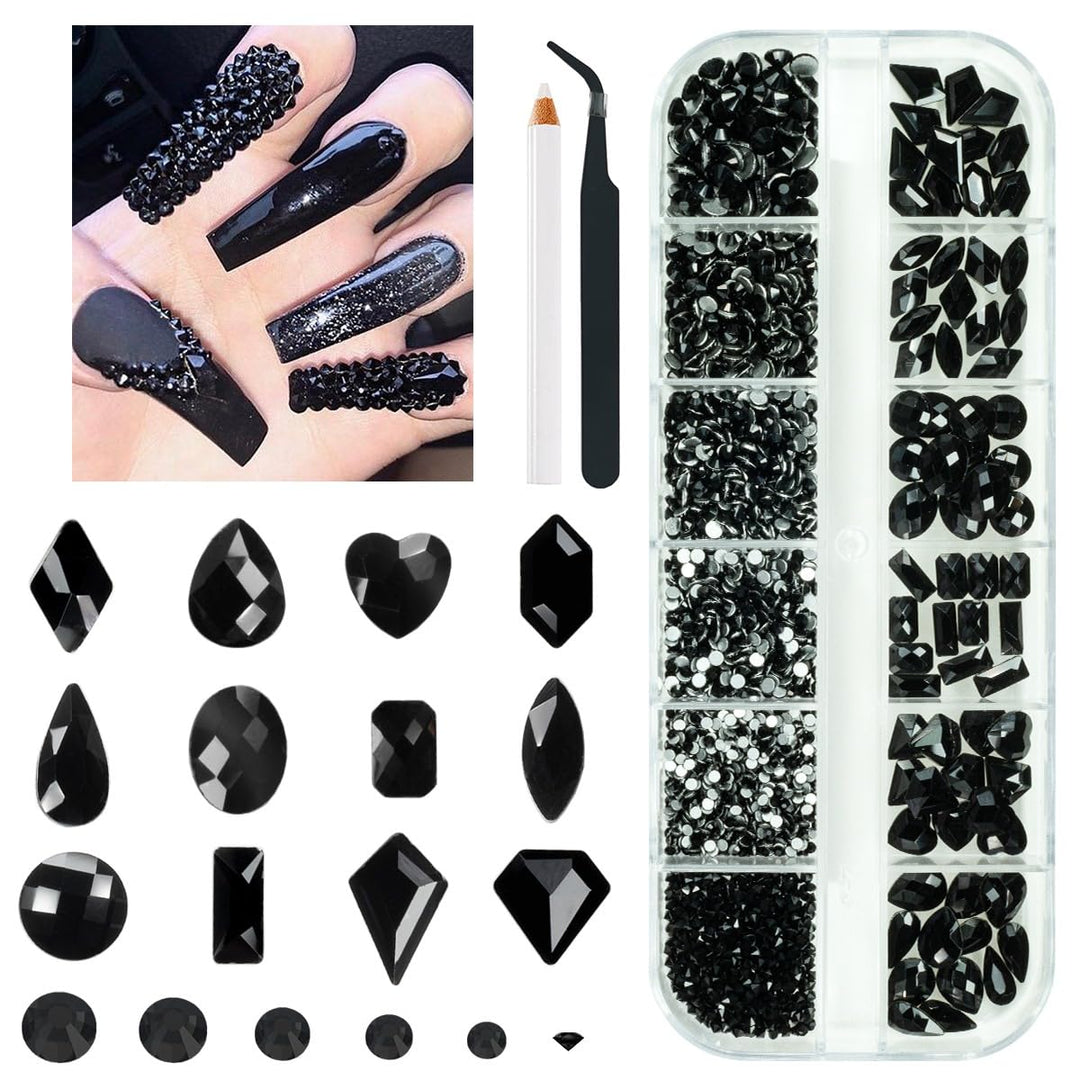 2052Pcs Black Nail Art Rhinestones Kit 72 Multi Shapes Crystal Flatback Rhinestones Gems +1980 Jet Black Round Beads Glass Stone