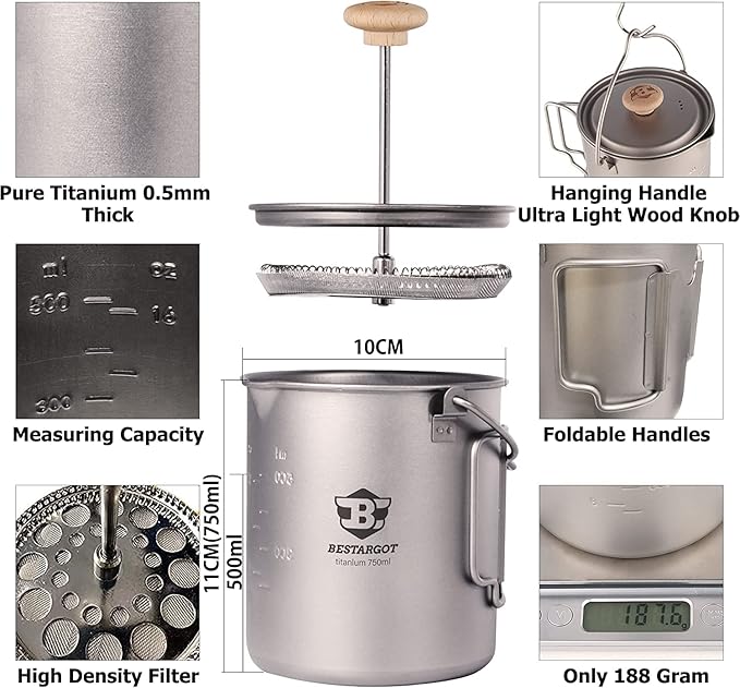 Bestargot Titanium Pot 750ml, Portable French Press | Ultralight Camping Pot for Coffee, Cooking & Survival | Compatible with Camp Stoves