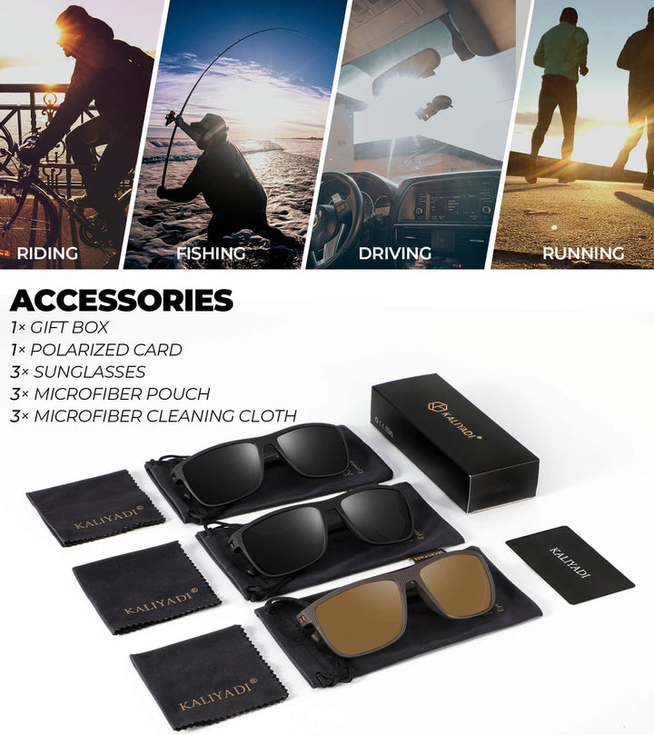 KALIYADI Polarized Sunglasses Men, Lightweight Mens Sunglasses Polarized UV Protection Driving Fishing Golf (Black/Black/Brown)