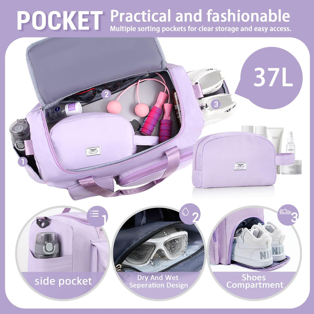 FIORETTO Women's Water-Resistant Gym Duffle Bag with Shoes Compartment, 37L Capacity, Multi-Functional, Ideal for Travel, Gym, Sports, Weekender, with Toiletry Bag, Light Purple