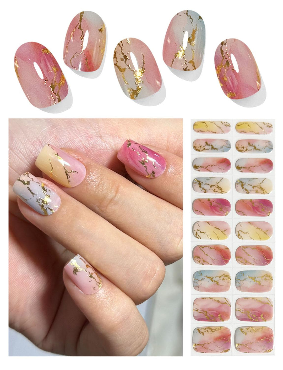 Semi Cured Gel Nail Strips, 20pcs Gel Nail Stickers UV, Gel Nail Wraps for Home Nails DIY (Marble G Line)