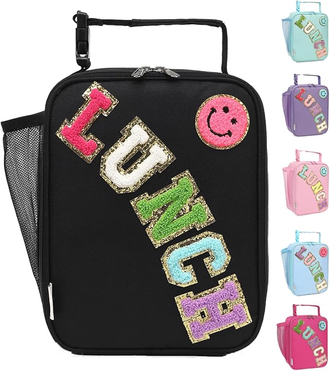 Insulated Lunch Bag for Women Girl Teen large Insulated Kid Lunch Bag,Large Reusable Cute Cooler Bag for School Work Picnic,Black Alphabet