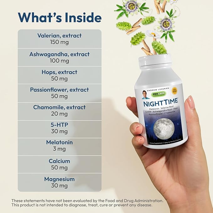 ANDREW LESSMAN Night Time 60 Capsules - 3mg Melatonin, Valerian, Ashwagandha, Passionflower, Hops, Chamomile. No Morning Hangover. Natural Support, Gentle Restful Sleep. Easy to Swallow Capsules