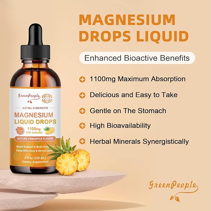 Magnesium Glycinate Liquid Drop - 17-in-1 Triple Absorption Magnesium Supplement with Magnesium Glycinate 400mg & Citrate 500mg for Calm Mood/Muscle & Sleep,4 fl. oz Pineapple Flavor
