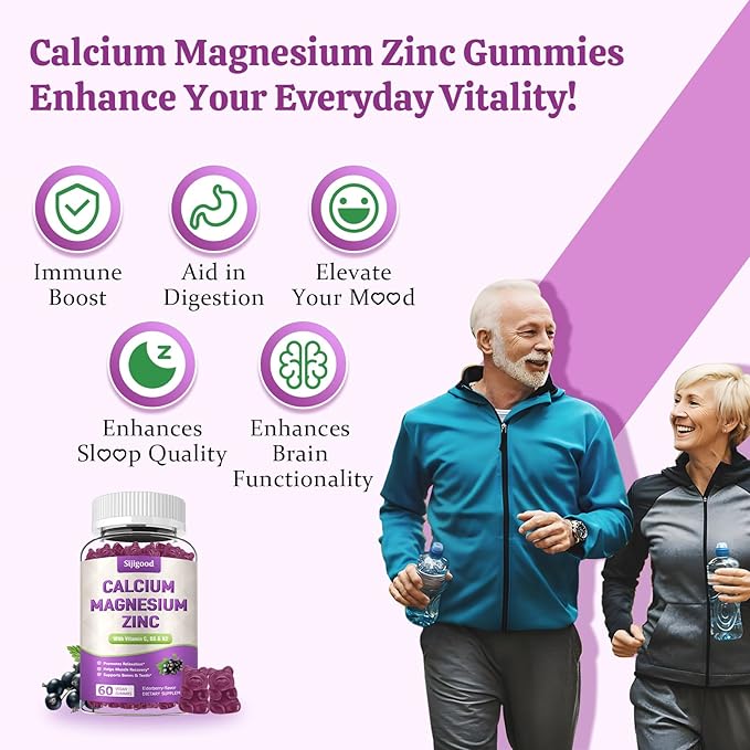 2 Pack Calcium Magnesium Zinc Gummies with Vitamin C D3 K2, Calcium Gummies for Bone, Muscle, Calm & Zzz Support, High Absorption Formula with Magnesium Zinc Potassium, Elderberry Flavored 120 Cts