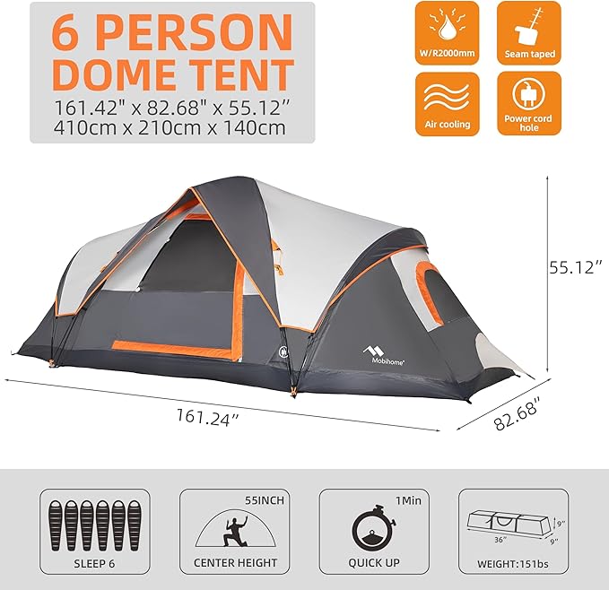 Tent for Family Camping Quick Setup, Instant Pop Up Dome Tents Outdoor 2-3 Person / 6 Person, with Water-Resistant Rainfly and Mesh Roofs & Door & Windows
