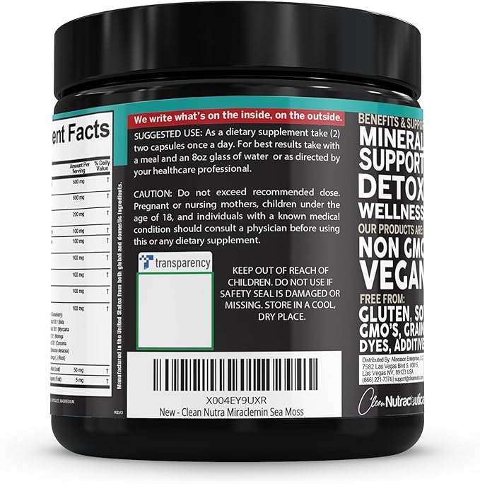 Clean Nutra Sea Moss Capsules with Ashwagandha, Black Seed Oil, Burdock Root, Bladderwrack, Moringa, Chlorella, Spirulina, Turmeric, Elderberry, Amla – 90 Vegan Capsules – MiracleMin