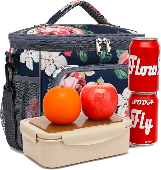 FlowFly Insulated Reusable Lunch Bag Adult Large Lunch Box for Women and Men with Adjustable Shoulder Strap,Front Zipper Pocket and Dual Large Mesh Side Pockets,Peony