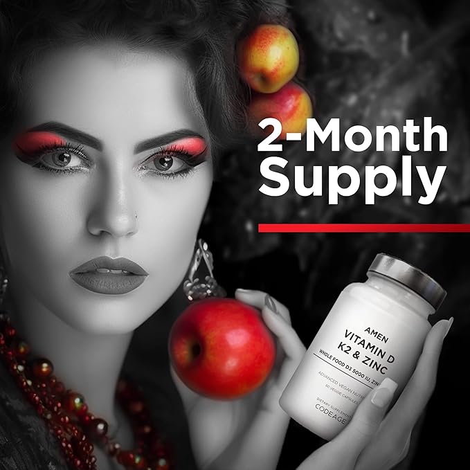 Amen Vitamin D, K2 & Zinc, Cholecalciferol D3 5000 IU, Organic Whole Food Blend with Apple, Blueberry, Cranberry, Elderberry Powder Fruits, Vegan Supplement, D3 K2 Vitamins, Non-GMO - 60 Capsules
