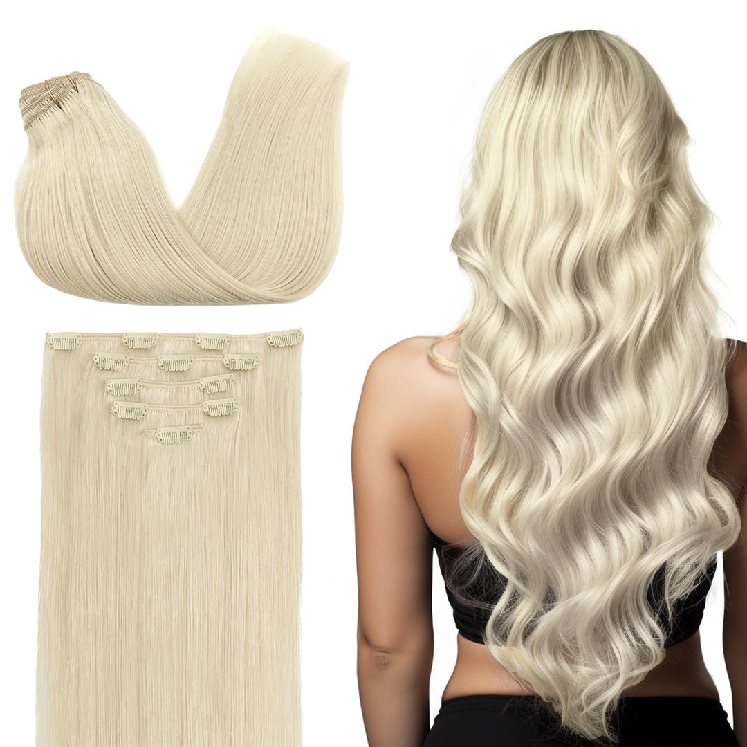 Doores Hair Extensions Clip In Human Hair, 85G 5Pcs Platinum Blonde 22 Inch Remy Clip In Human Hair Extensions Natural Hair Exte