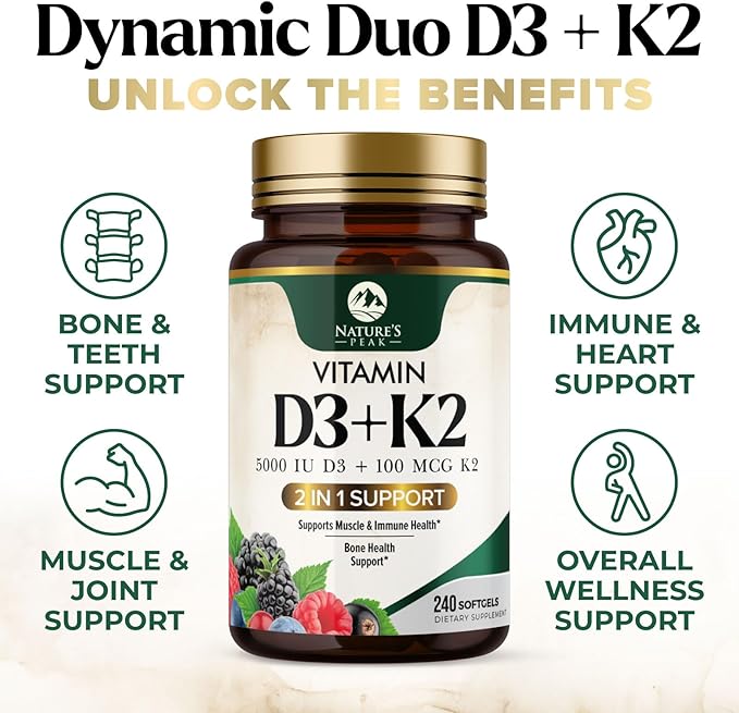 Vitamin D3 K2 Supplement | 5000 IU Vitamin D3 & 100 mcg Vitamin K2, 2 in 1 Vitamin D with K2 Complex Softgels, Support Immune, Heart, Joint, Teeth & Bone Health, Easy to Swallow, Non-GMO, 240 Softgels