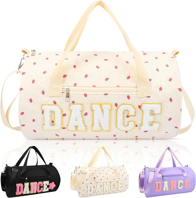 Dance Bag for Girls, KUIRAN 23L Waterproof Travel Duffel Bag with Colorful Chenille Letter, Lightweight Small Gym Sport Ballet Weekender Bag with Large Main Compartment - Strawberry/White