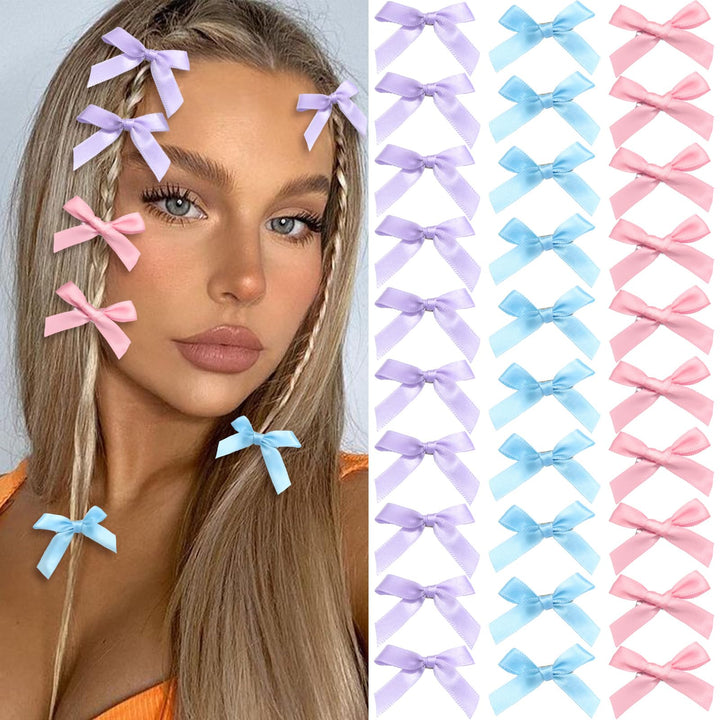 SAWINDA 30PCS Hair Accessories: Pink Satin Bows, Blue Mini Ribbons, Non-Slip Barrettes - Cute Clips for Kids, Women, and Girls