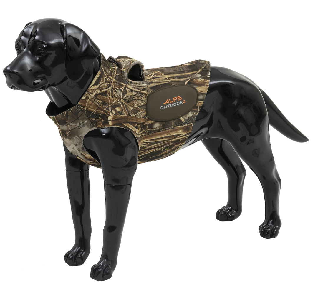 ALPS OutdoorZ Topflight Dog Vest, Dog Hunting Vest with 5mm Neoprene for Warmth, Contoured Neck Design, Buoyancy Flotation Pads, Easy Lift Handles, and Leash Clip, Large - Realtree MAX-7