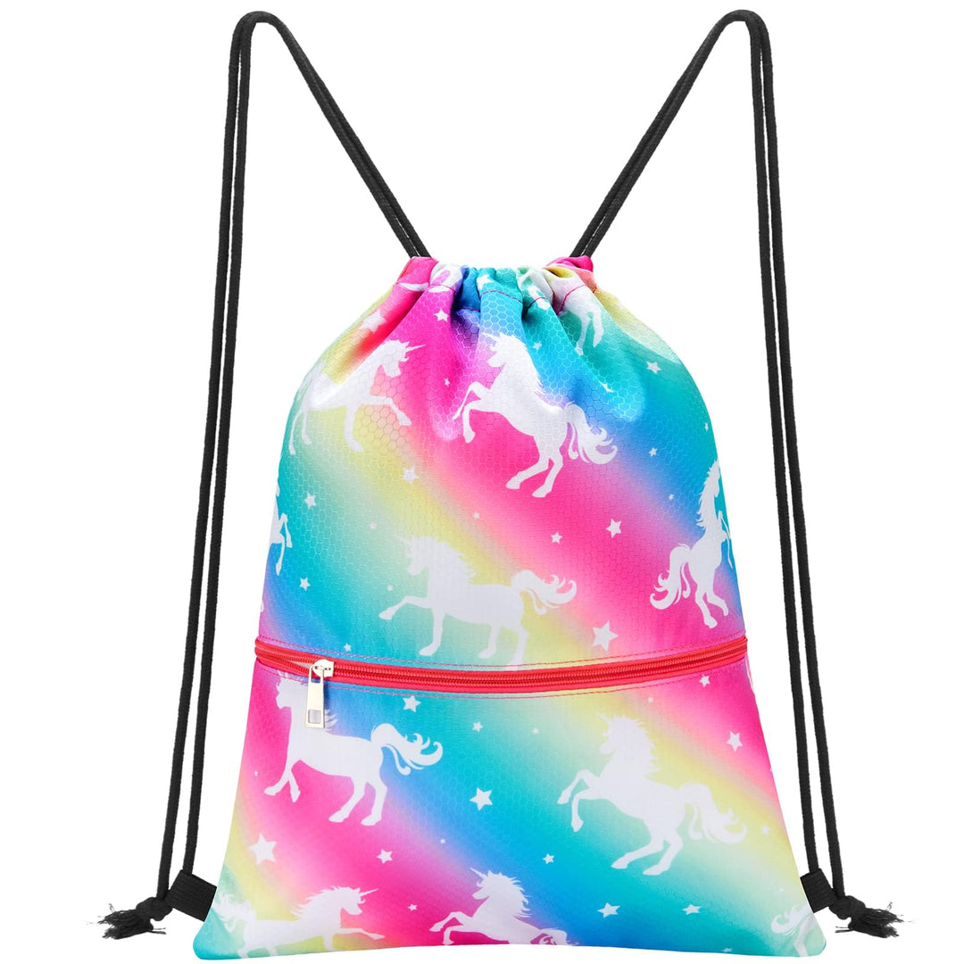 WAWSAM Girls Drawstring Backpack - Drawstring Bags for Girls Kids Swim Bag for Beach Swim Swimming Pool Draw String Bags with Zippered Pocket Waterproof Sports Gym Bag