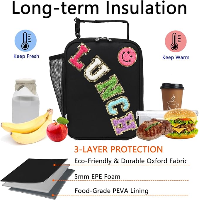 Insulated Lunch Bag for Women Girl Teen large Insulated Kid Lunch Bag,Large Reusable Cute Cooler Bag for School Work Picnic,Black Alphabet