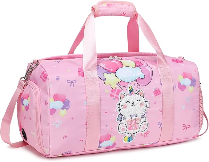 Duffle Bag Girls Kids Cute Cat Dance Bag Gym Bag with Shoes Compartment & Wet Separation Waterproof Sports Overnight Travel Bag
