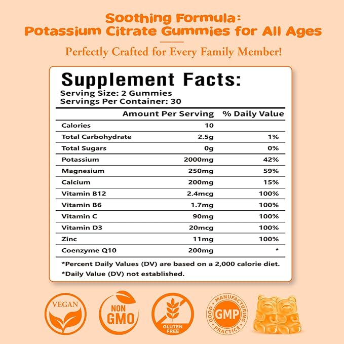 Potassium Citrate Gummies – High Potency Potassium Supplement for Muscle Health, Leg Cramp Relief, Electrolyte Balance – Vegan, Non-GMO, Gluten-Free, Orange Flavor, 60 Count