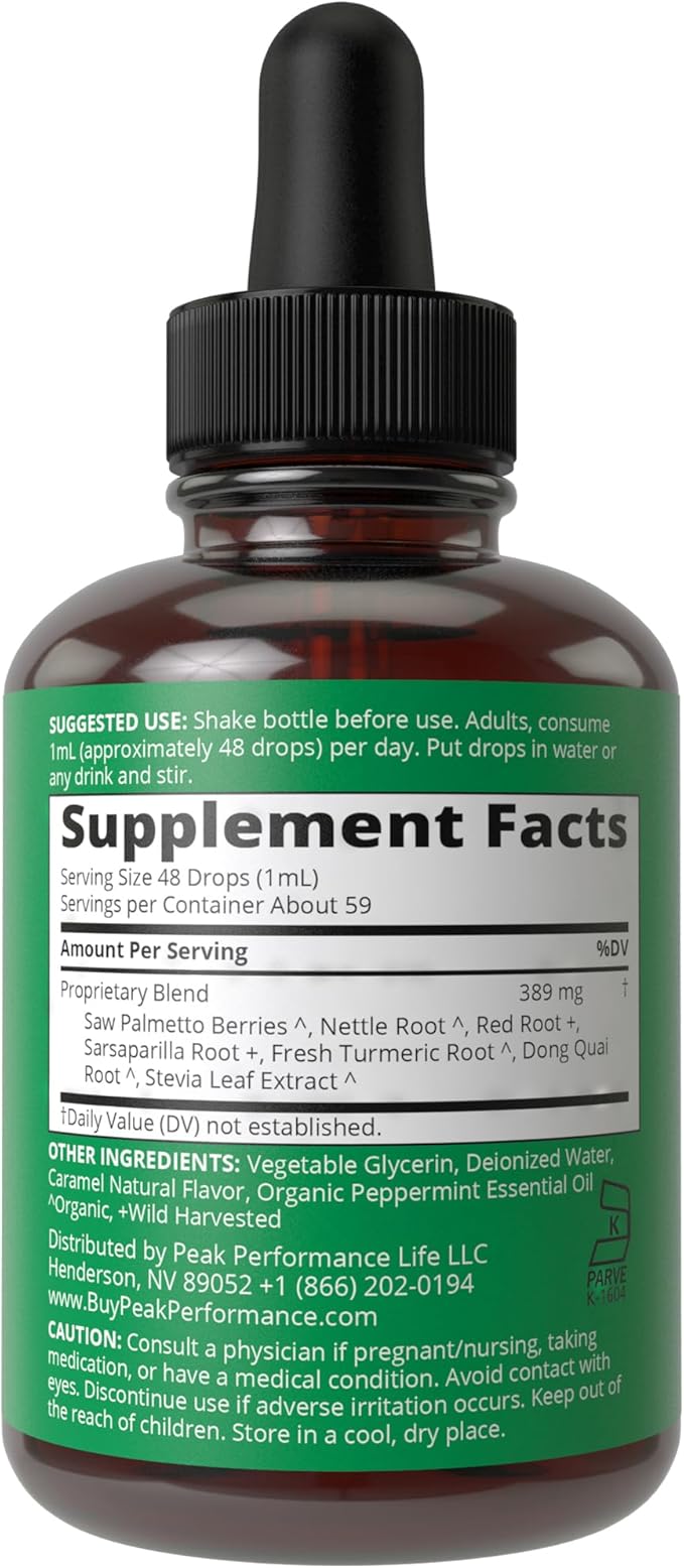 Prostate Support Supplement for Men’s Health. Vegan Kosher Prostate Health Liquid Drops with Organic Saw Palmetto, Organic Nettle, Organic Turmeric, Organic Peppermint, Wild Sarsaparilla + Red Root