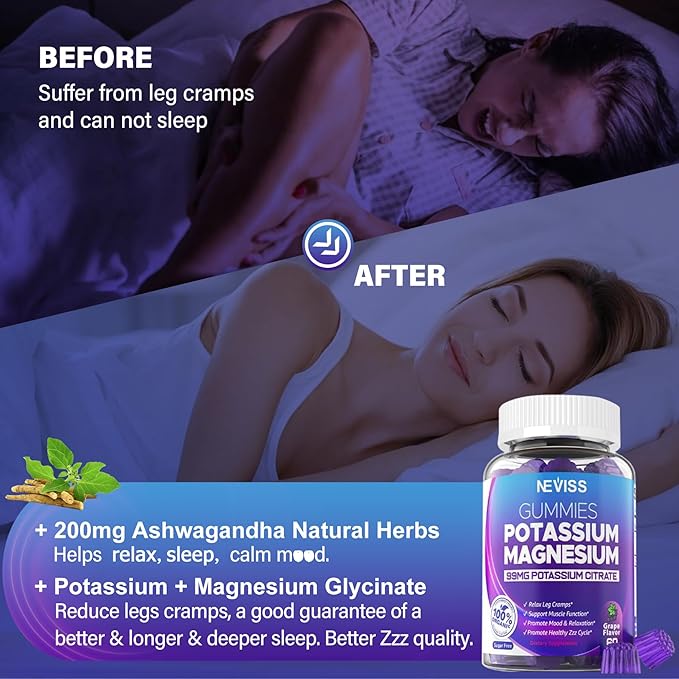 Potassium Magnesium Gummies - Potassium Supplement w/Ashwagandha 200mg, High Absorption Magnesium Glycinate,B6,B12,P-otassium Citrate for Leg Cramps,Muscle,Electroyte for Adults Kids,Sugar-Free,2Pack