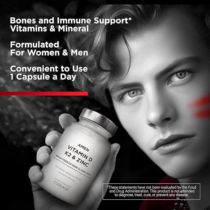 Amen Vitamin D, K2 & Zinc, Cholecalciferol D3 5000 IU, Organic Whole Food Blend with Apple, Blueberry, Cranberry, Elderberry Powder Fruits, Vegan Supplement, D3 K2 Vitamins, Non-GMO - 60 Capsules