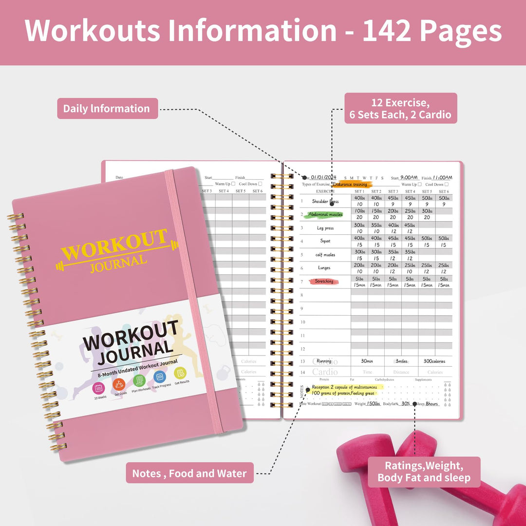 Fitness Workout Journal for Women & Men, A5 Hardcover Workout Log Book & Gym Exercise Planner With Progress Tracker, Goals, Calendar, 5.8" x 8.4" - Pink