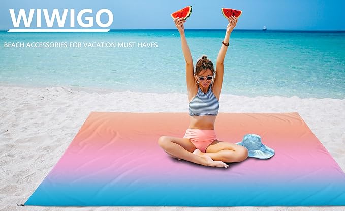 Beach Blanket Sandproof Extra Large Beach Mat Adults Waterproof Quick Drying Sand Free Mat Made by Premium Polyester with 4 Stakes & 4 Corner Pockets for Outdoor Travel Camping Hiking