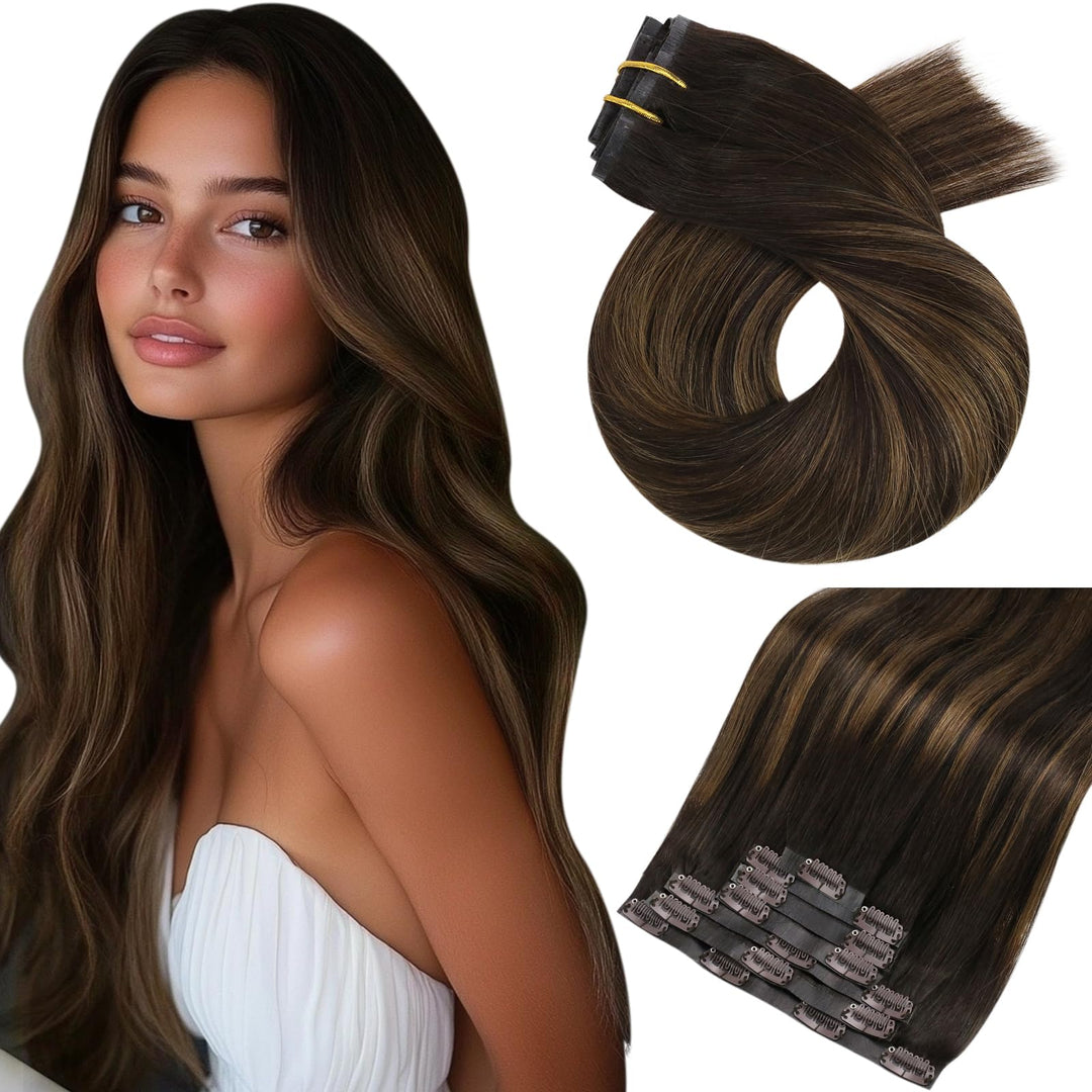 Moresoo Seamless Clip In Hair Extensions Human Hair Brown Balayage Human Hair Clip In Extensions Darkest Brown Mixed Medium Brow