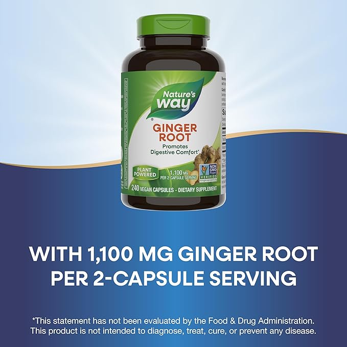 Nature's Way Ginger Root, Promotes Digestive Comfort*, Reduces Motion-Related Nausea*, 1,100 mg Per 2-capsule Serving, Non-GMO Project Verified, Vegan, 240 Capsules