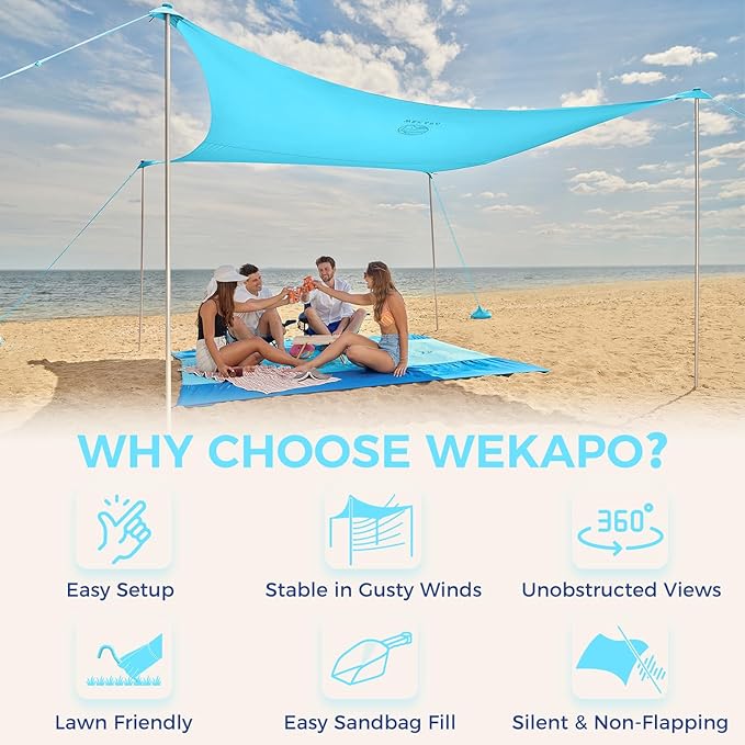 WEKAPO Beach Tent Sun Shelter - Easy Setup Beach Canopy with 4 Sturdy Poles, Large Sandbags and Shovel, 6'7'' Tall, Windproof Sun Shade for Backyard and Camping, UPF 50+ Protection