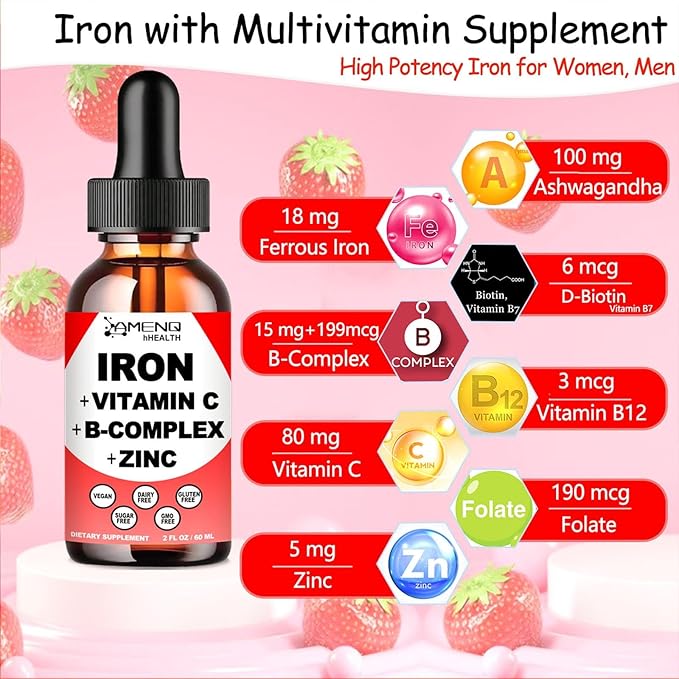 Liquid Iron Supplement w/Vitamin C, A, B-Complex, Vegan Iron Drops High Potency Liquid Vitamin & Iron Supplements for Women, Men & Children -Support Red Blood Cell, Energy, Anemia & Fatigue