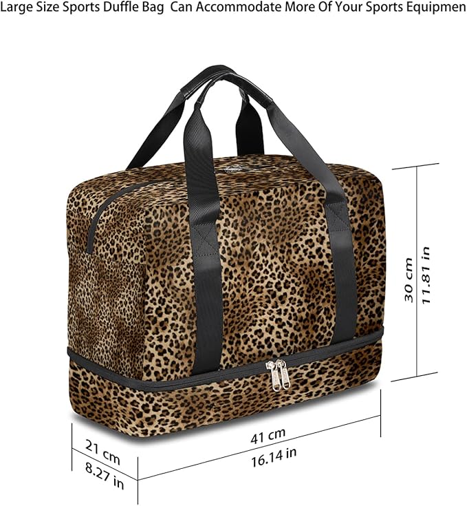 TropicalLife Leopard Print Waterproof Duffel Bag, Sports Tote Gym Bag, Animal Print Weekender Overnight Bag with Shoes Compartment for Men Women