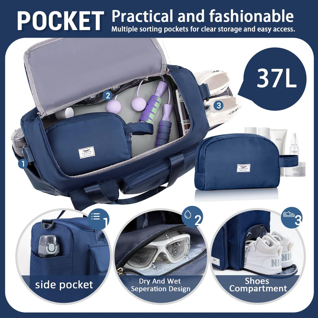 FIORETTO Women's Water-Resistant Gym Duffle Bag with Shoes Compartment, 37L Capacity, Multi-Functional, Ideal for Travel, Gym, Sports, Weekender, with Toiletry Bag, Navy Blue