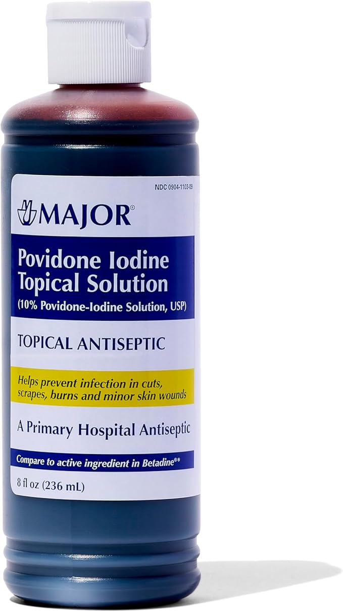 Major 10% Povidone-Iodine Liquid Topical Solution, USP - Topical Antiseptic for Cuts, Scrapes, Burns, and Minor Skin Wounds - 8 Fl. Oz. (1 Pack)