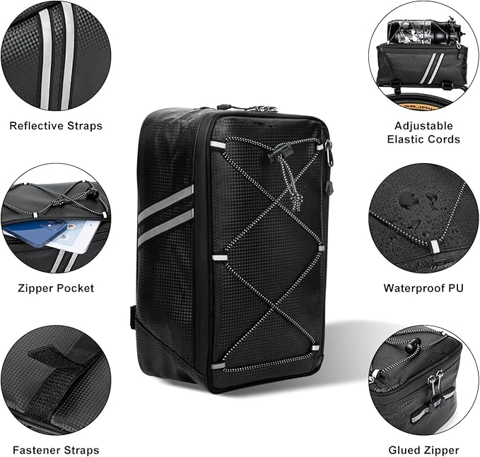 Bike Reflective Trunk Bags Waterproof Rear Rack Bag for Bicycle, 7L Capacity Insulated Storage Pannier Bag Bike Cargo Bag With Reflective Strips for Outdoor Travel Camping Picnic Commuter