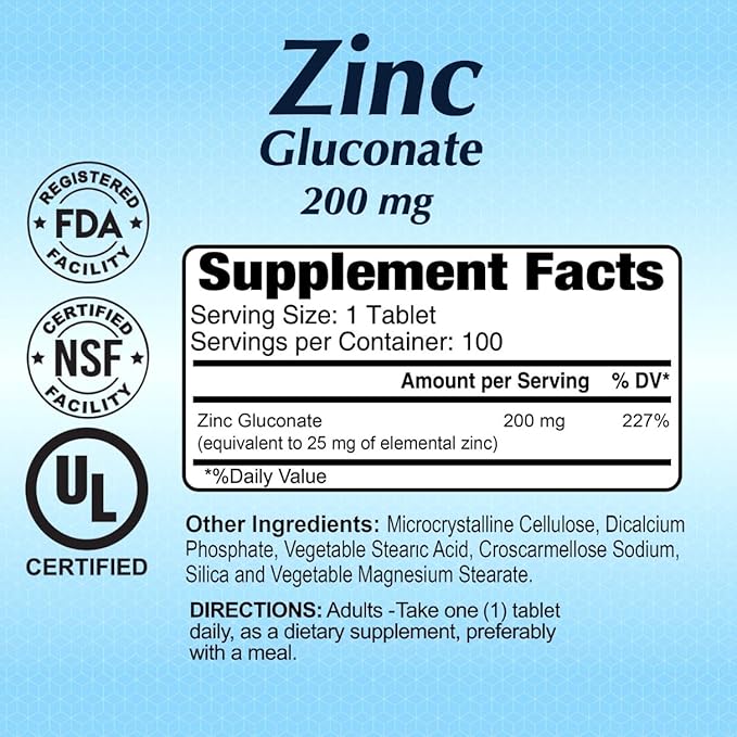 Zinc Gluconate 200 mg by Alfa Vitamins - Boost Immune System - Promote Healthy Skin - 100 Tablets