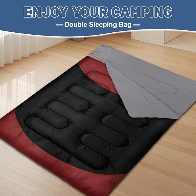 Cotton Flannel Double Sleeping Bag for Adults Machine Washable 2 Person Camping Sleeping Bag Queen Size Waterproof with Compression Sack for Cold Weather 3-4 Seasons