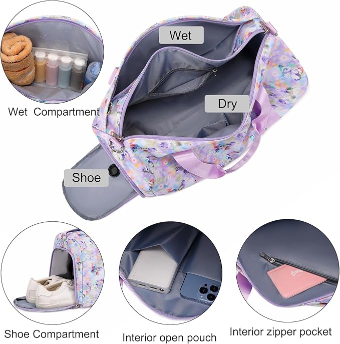 Butterfly Dance Duffel for Girls - Gymnastics, Overnight, Travel & Sleepover Bag with Shoe Compartments