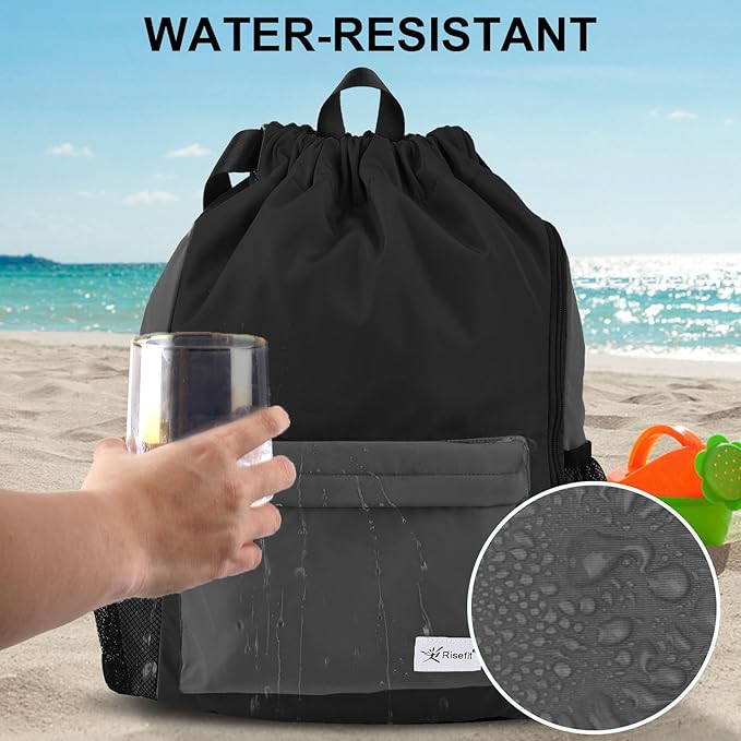 Drawstring Backpack with Mesh Pockets String Gym Bag Sackpack Sandproof Water Resistant Beach Backpack for Men Women